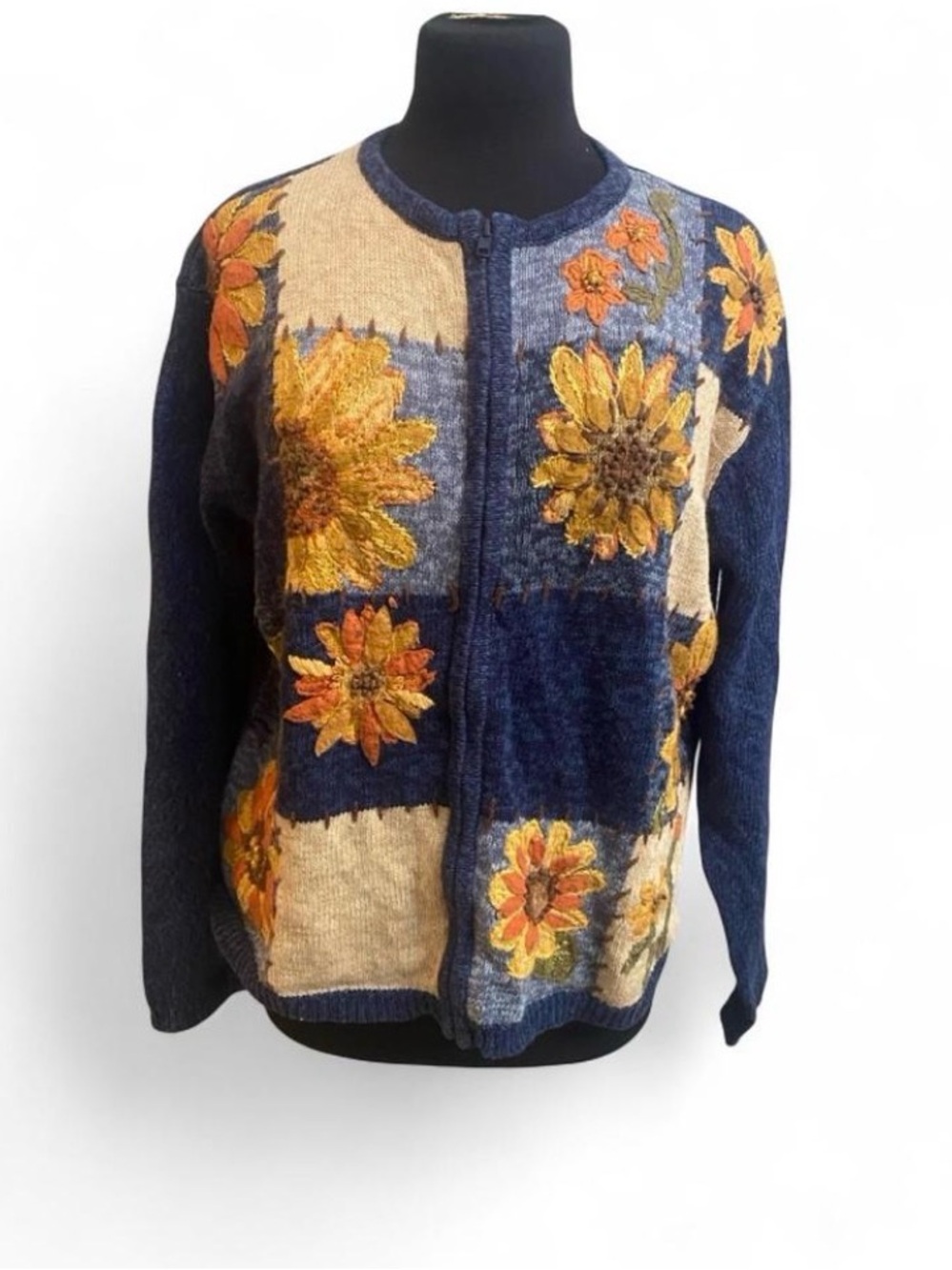 Tiara Navy and Yellow Sunflower Zip-Front Cardigan teacher Vintage Patchwork L
